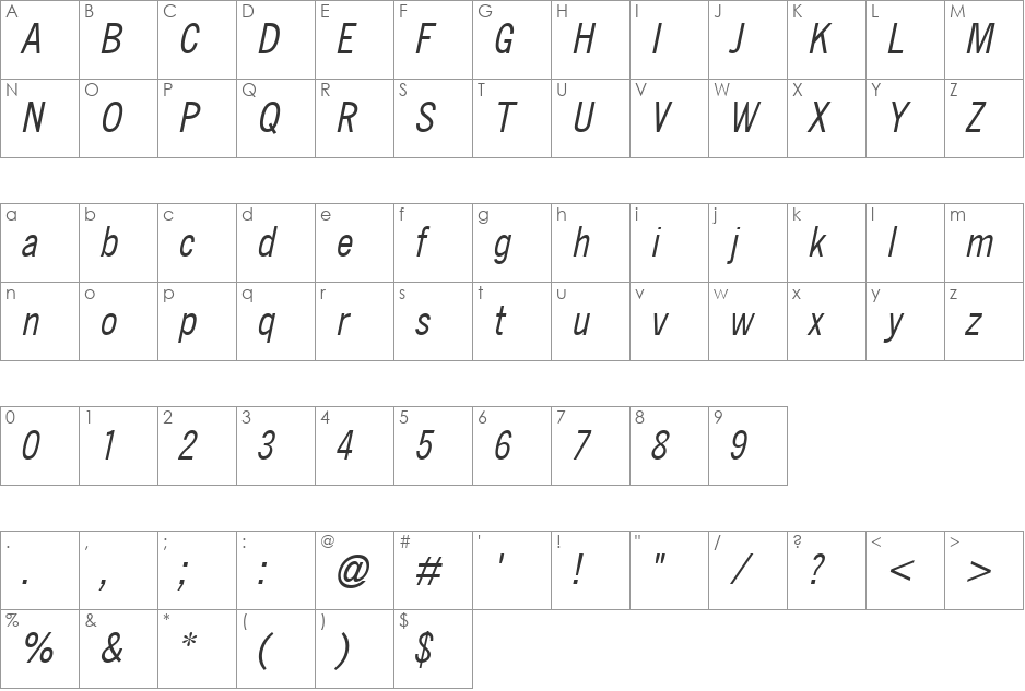 QuickType Condensed font character map preview
