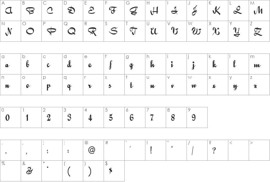 QuigleyWiggly font character map preview