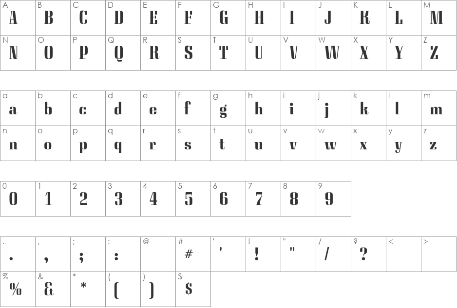 Quirinus CG Bold font character map preview