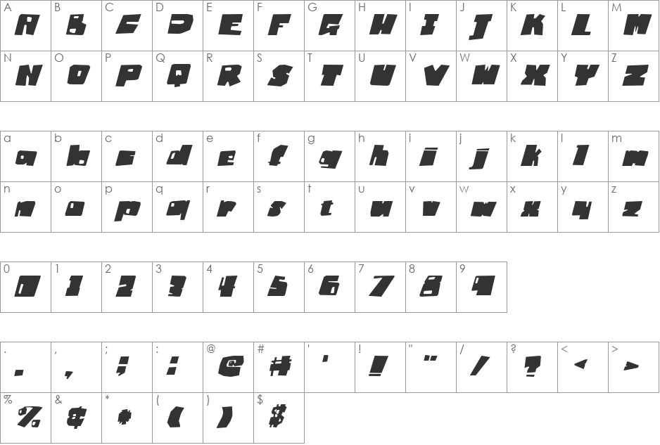 Badger Fatboy Italic font character map preview