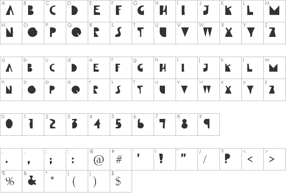 Qut'n'torn font character map preview