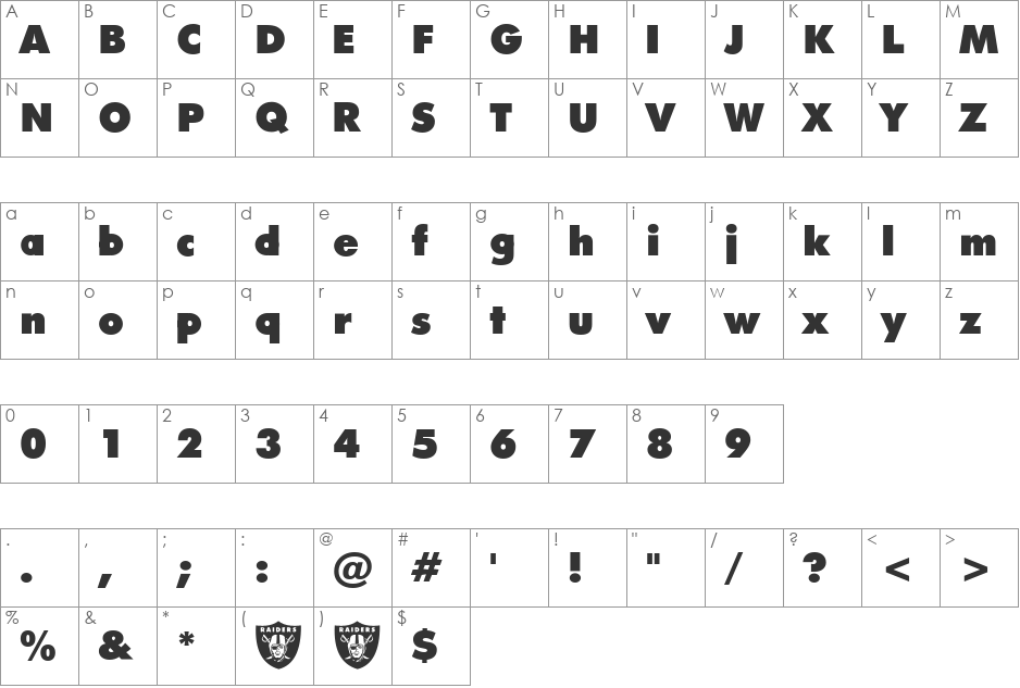 Raiders font character map preview