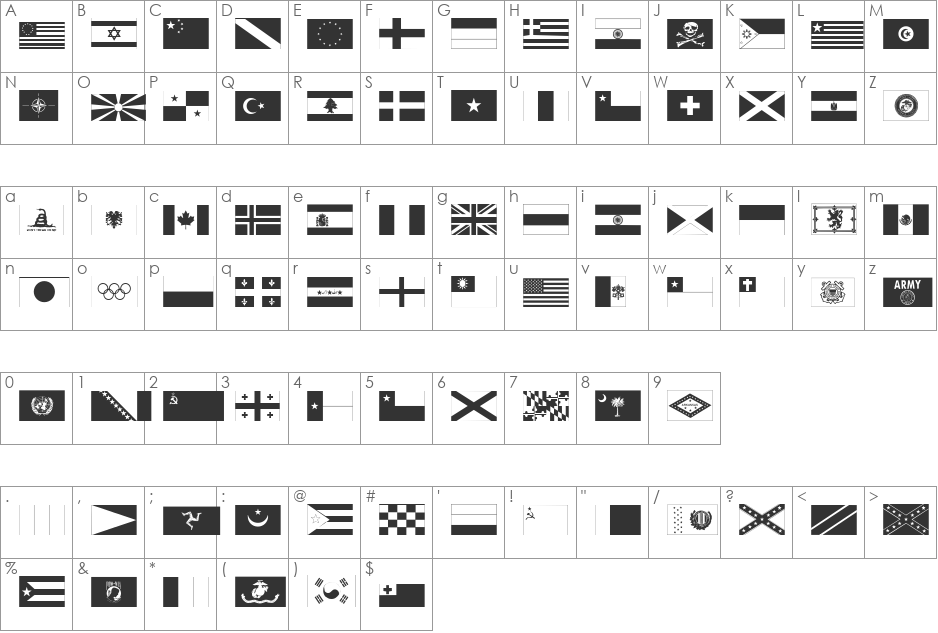 Raise Your Flag font character map preview