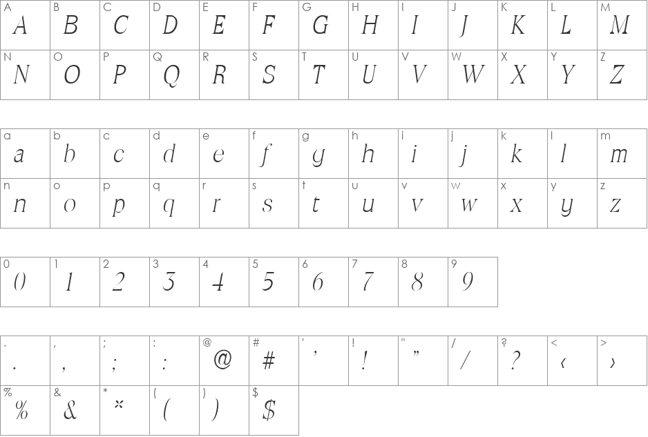RalphBecker-ExtraLight font character map preview