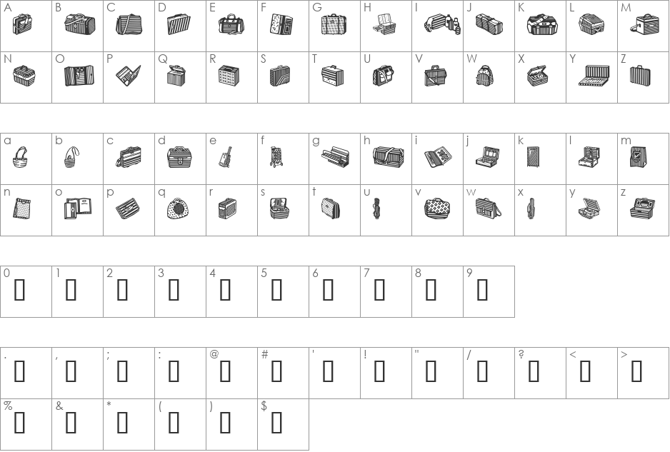 Bags and stuff II font character map preview