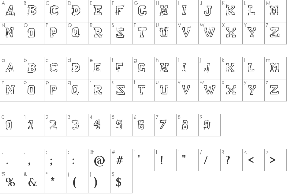 Raslani American letters font character map preview