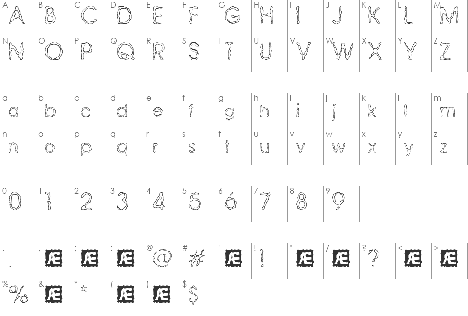Ravaged By Years (BRK) font character map preview