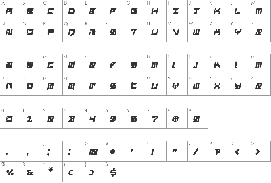 RayzorBlunt Italic font character map preview