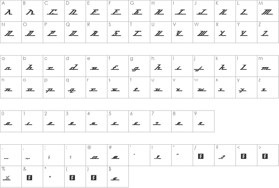 Razorwing font character map preview