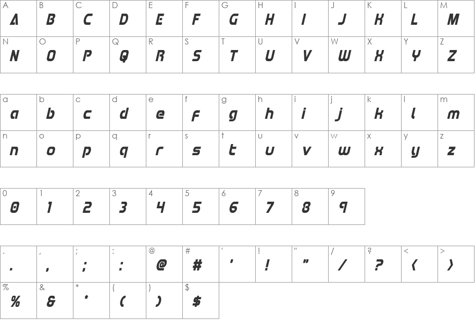 Redline Condensed Italic font character map preview