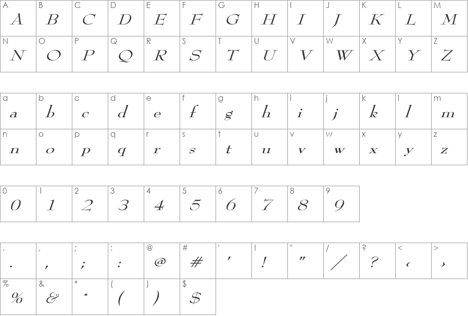 ReedFont Wd italic font character map preview
