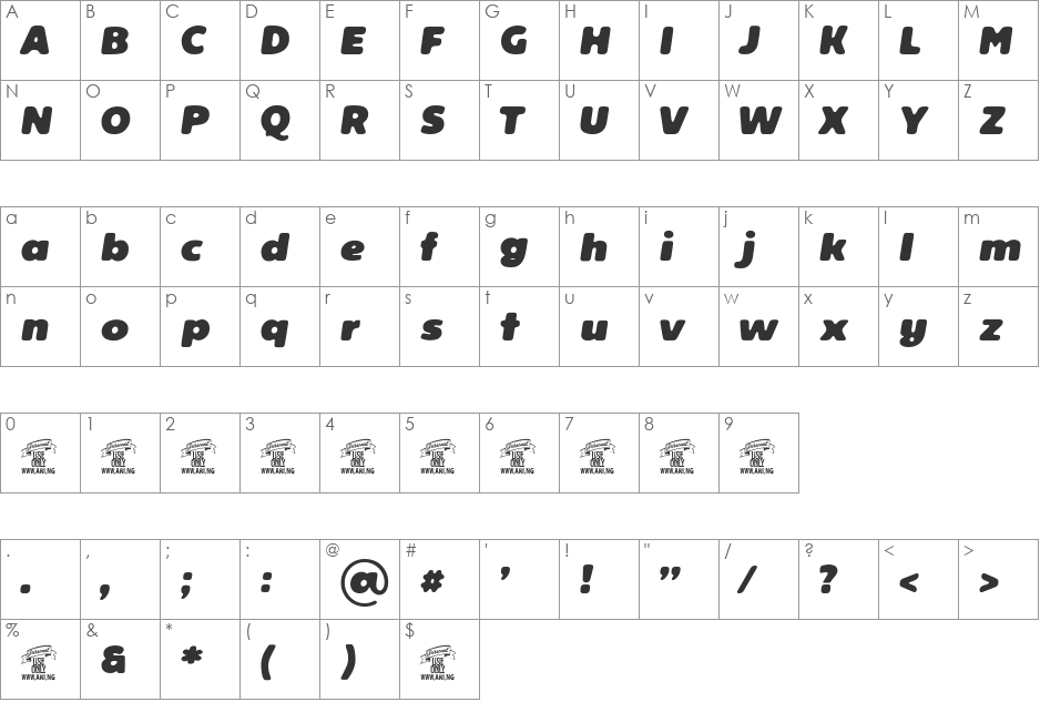 Reeler Personal Use Only font character map preview