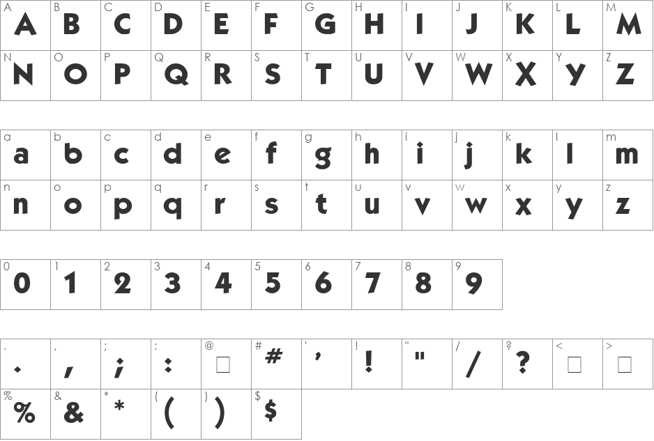 Baker font character map preview