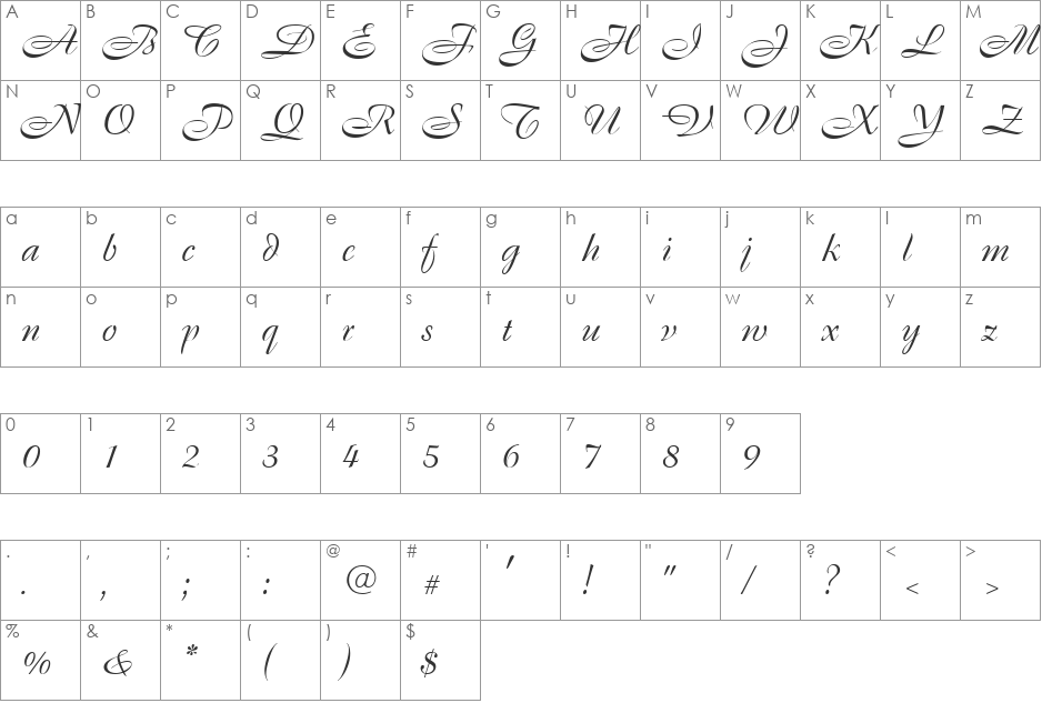 Regency Volante font character map preview