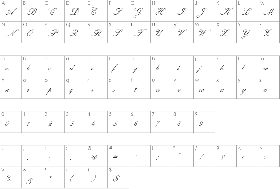 RegencyScriptFLF font character map preview