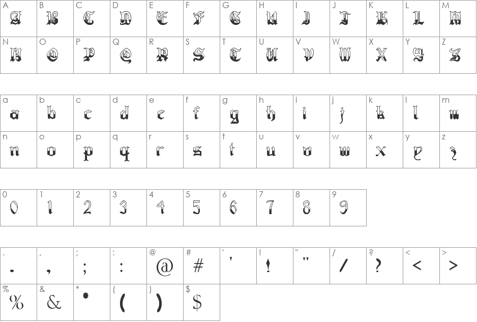 Regothic font character map preview