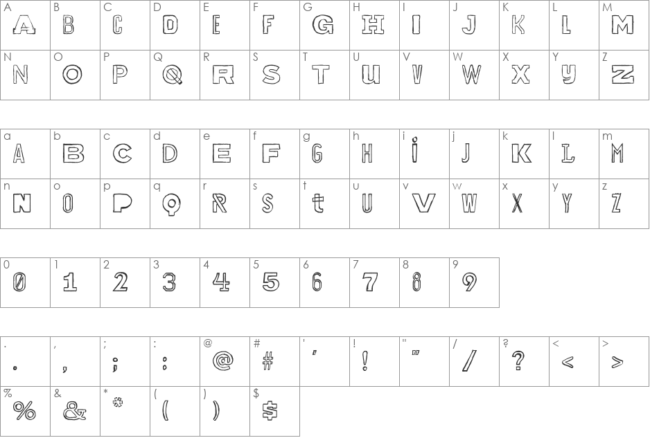 Bakunin Outline font character map preview