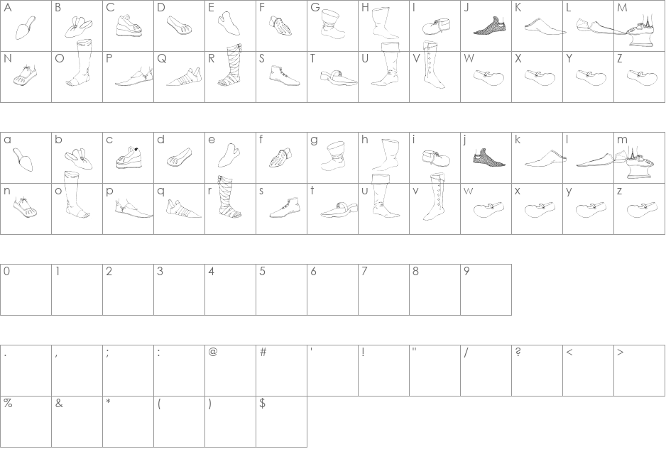 Renaissance Shoes font character map preview