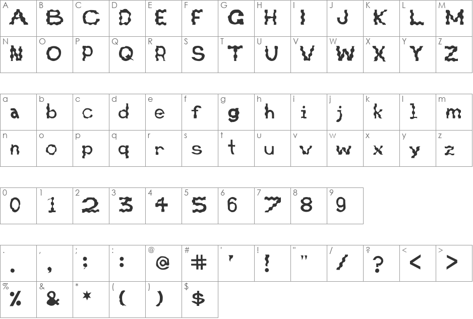 Retardo Bunyons font character map preview