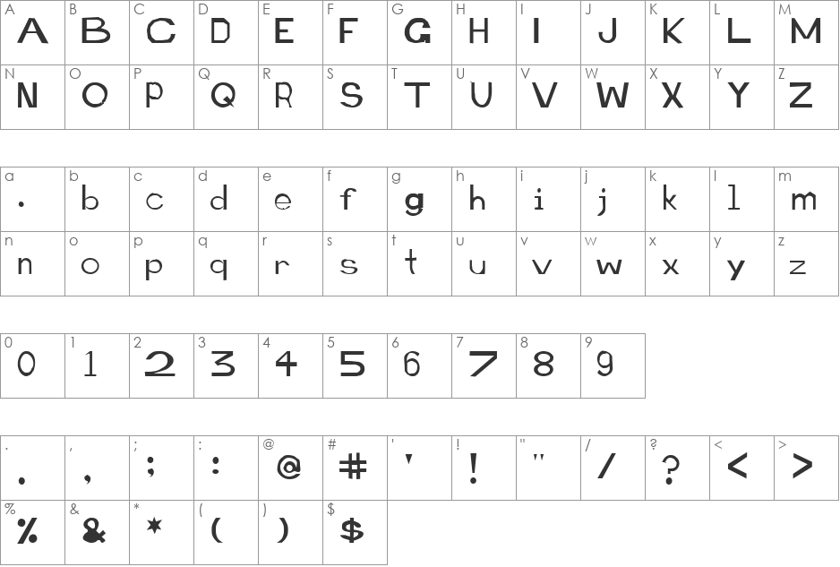 Retardo Emaciated font character map preview