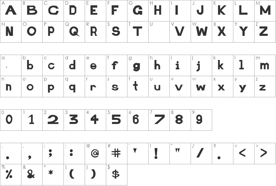 Retardo Obese font character map preview