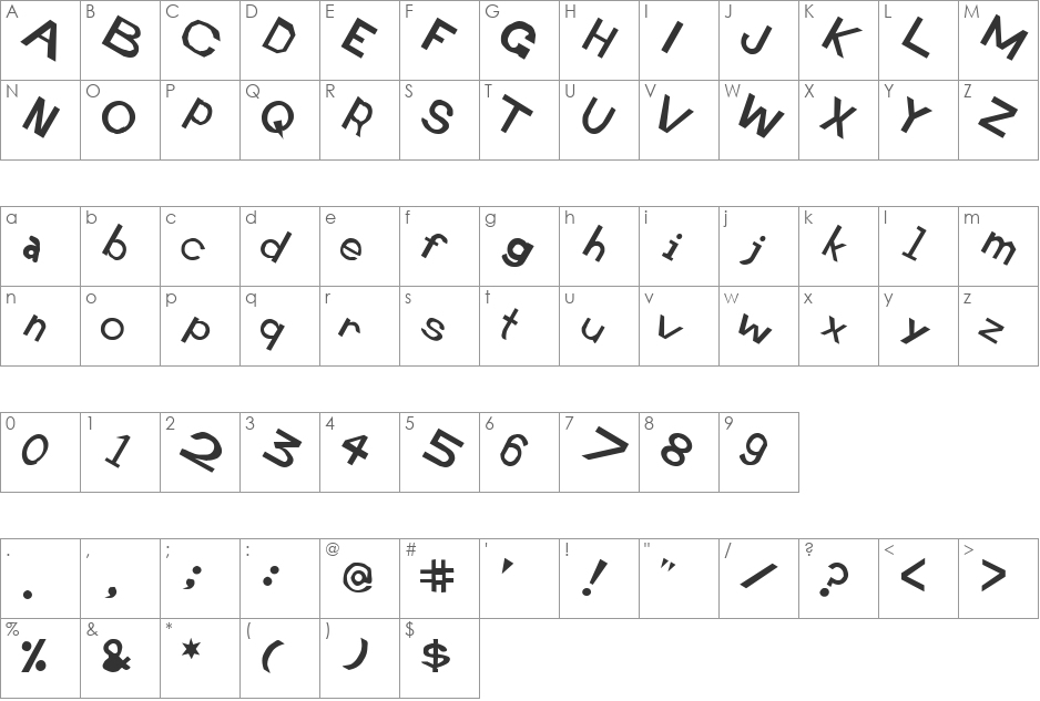 Retardo Tipsy font character map preview