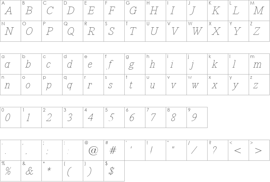 Revelation BTN Lt font character map preview