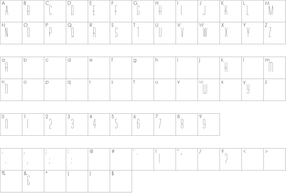 RhyoliteVertica font character map preview