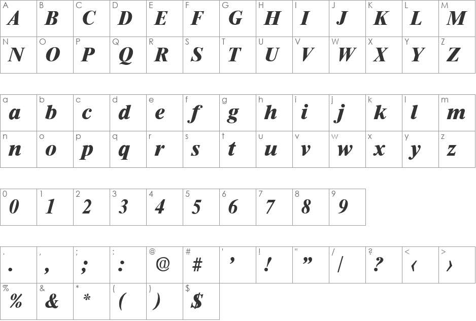Riccione-BoldIta font character map preview
