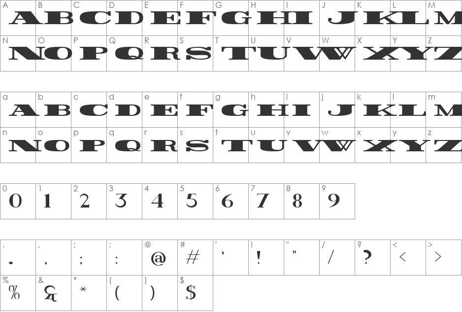 Rider Wide font character map preview