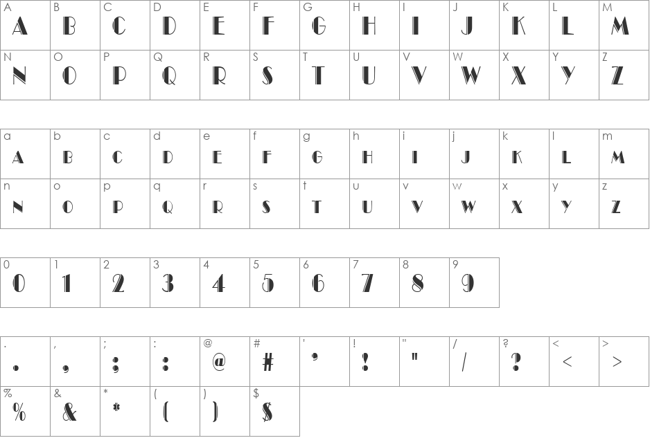 Ritz EngravedCondensed font character map preview