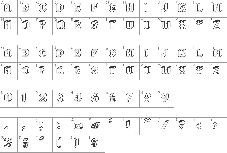 RM Serifangle 3D font character map preview