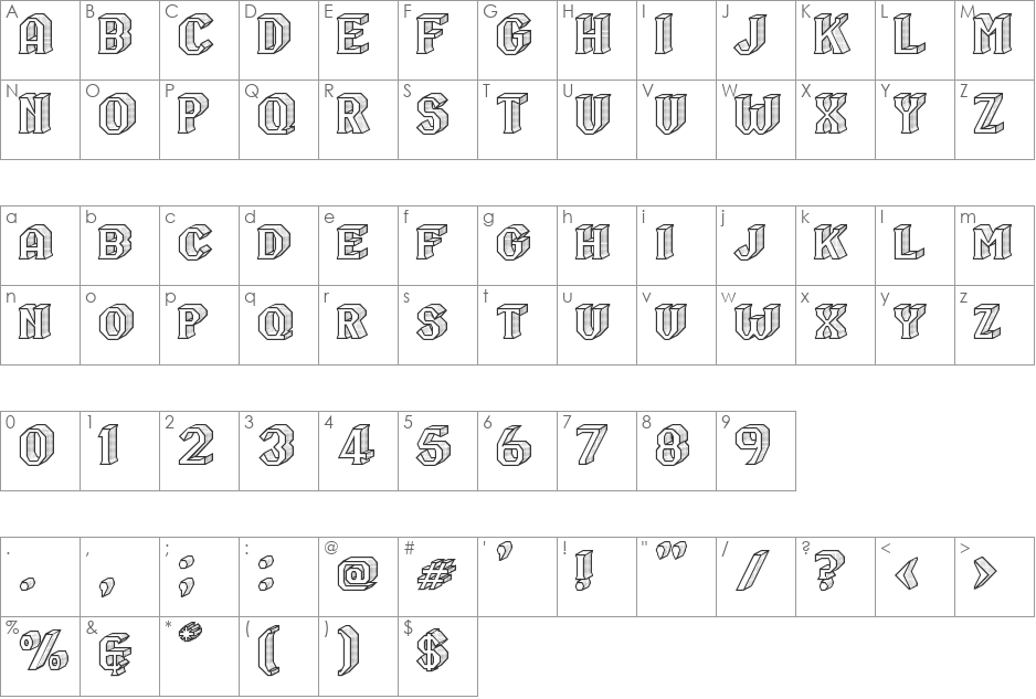RM Serifangle 3D chrome font character map preview