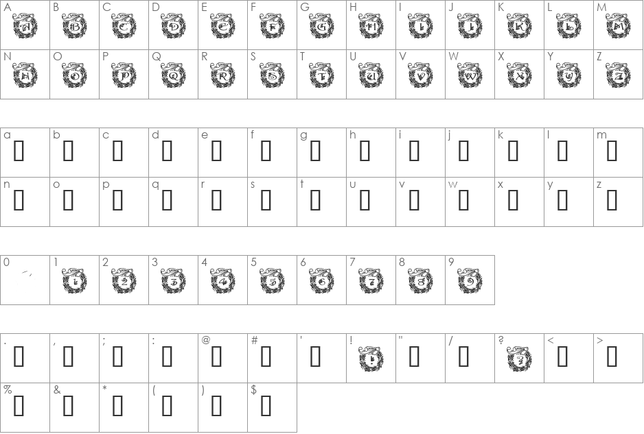 RMWreath font character map preview