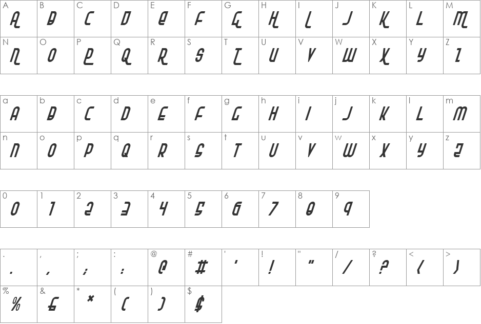 Ro'Ki'Kier Condensed Italic font character map preview