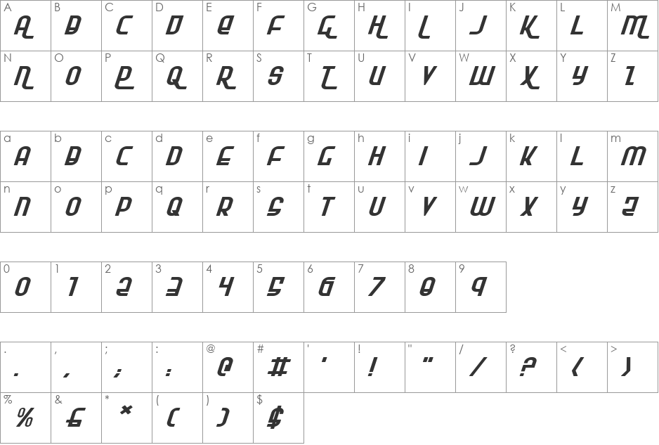 Ro'Ki'Kier Expanded Italic font character map preview