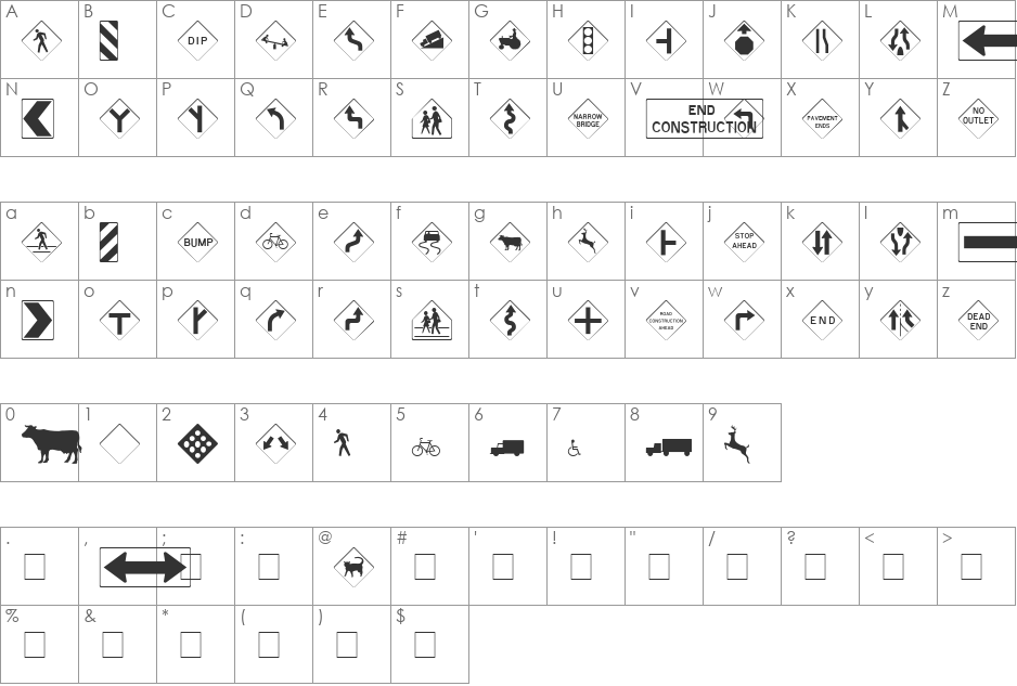 Road Warning Sign font character map preview