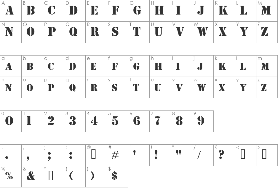 RoadieSSK font character map preview