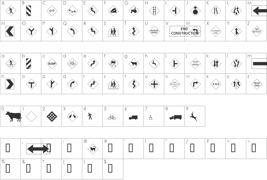 RoadWarningSign font character map preview