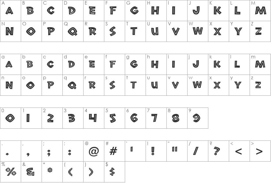 Roast Beef BTN Inline font character map preview