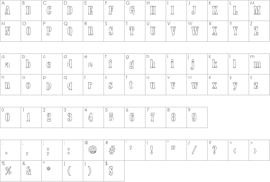 RobertBeckerOutline font character map preview