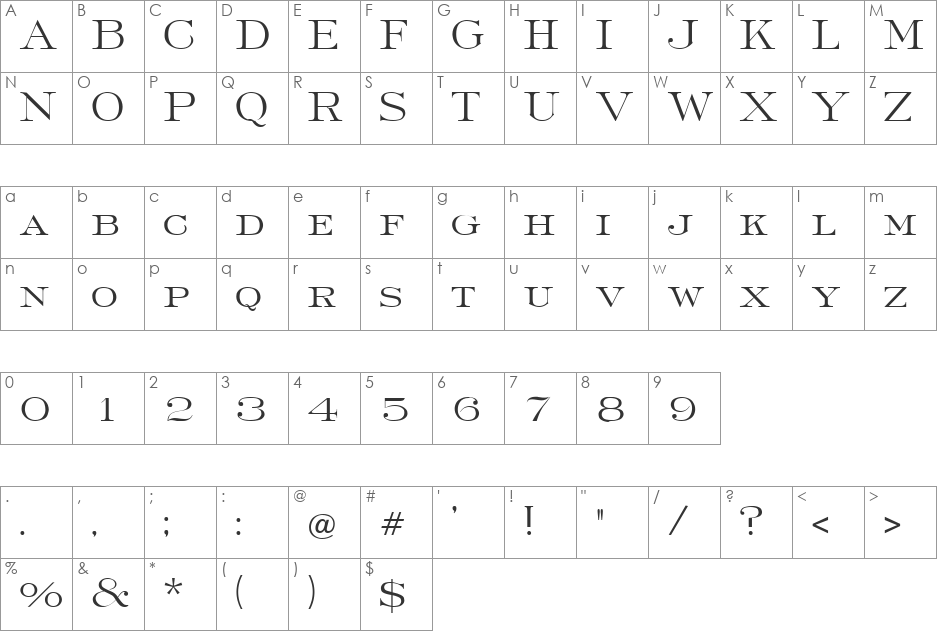 RobertoLight font character map preview