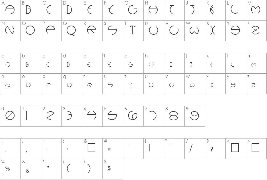 ROBINET font character map preview