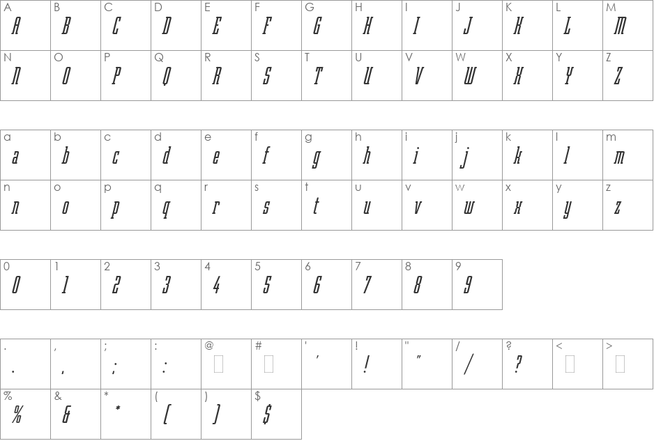 Robotik Italic font character map preview