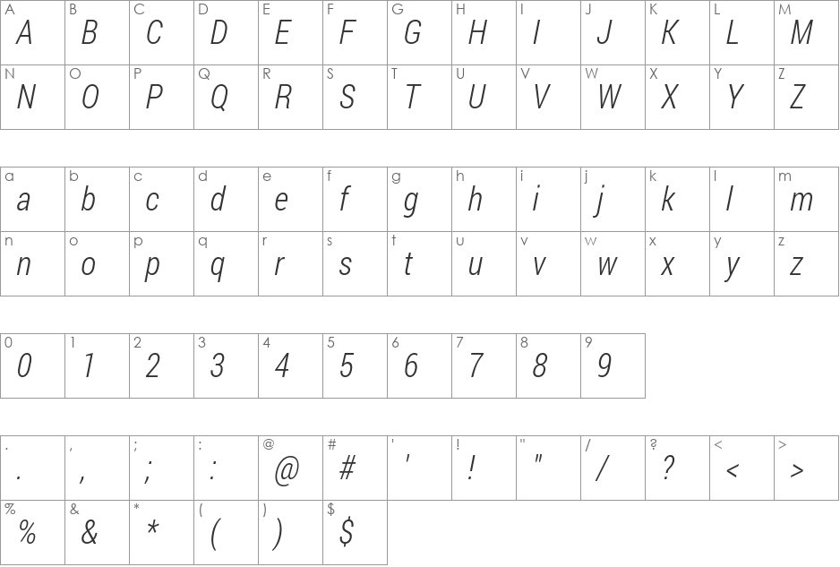 Roboto Condensed Light font character map preview