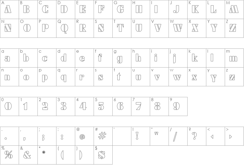 Rodchenko Hollow font character map preview