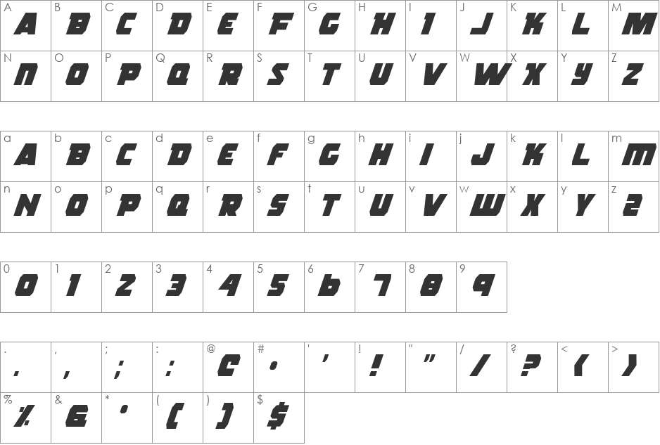 Rogue Hero Italic font character map preview