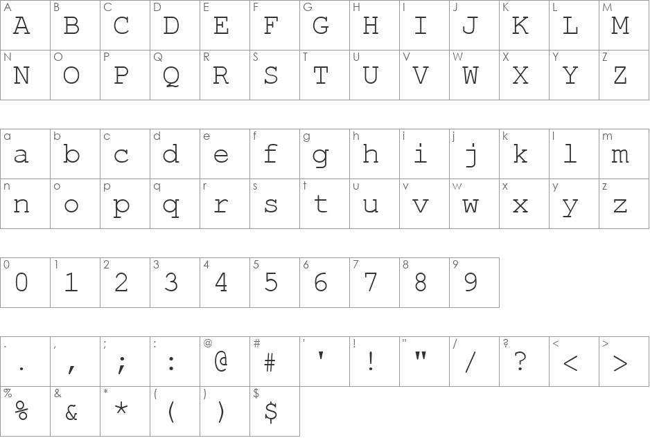 ROL-K8/Courier font character map preview