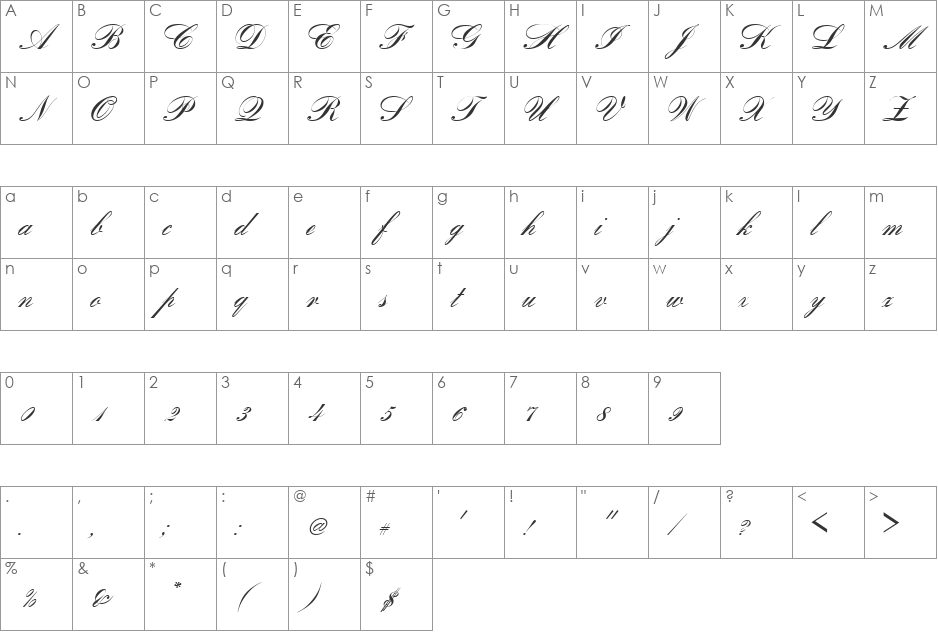 Romantica script font character map preview