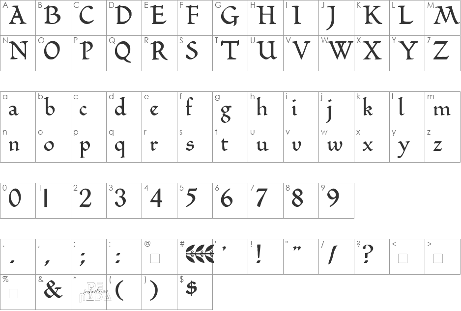 Romeodn font character map preview